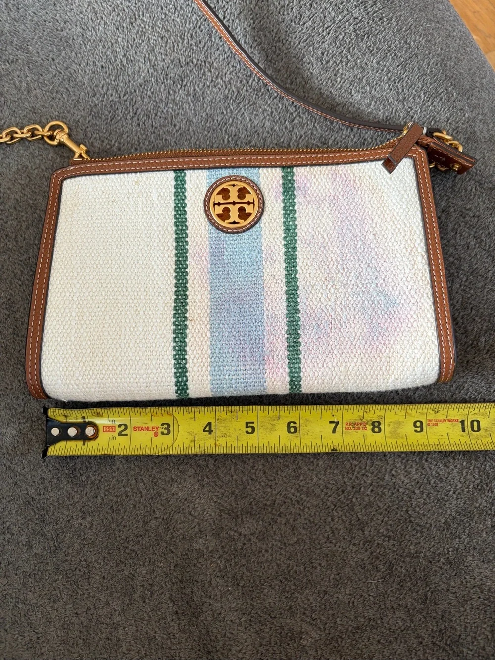 Tory Burch Cream Canvas Crossbody with Brown Trim and Green/Blue Stripes
